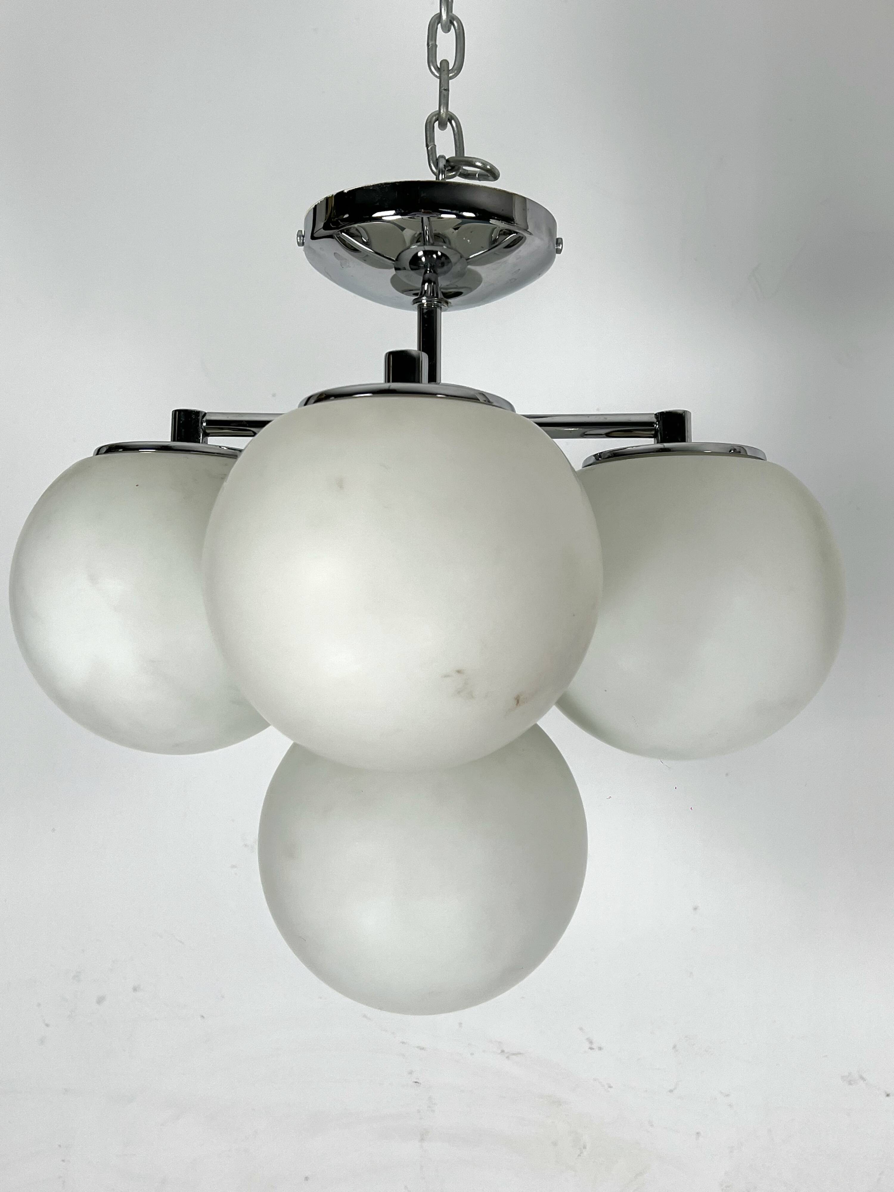Space age style, Vintage Pair of ceiling lamps in chrome and opaline glass. Italy 1980s
