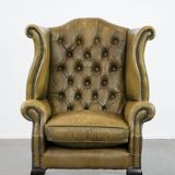 Moss green cow leather Chesterfield wingback armchair in English style