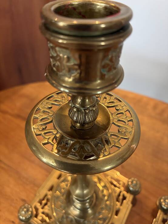 Pair of candlesticks, antique brass, 19th century, signed Prachthauser