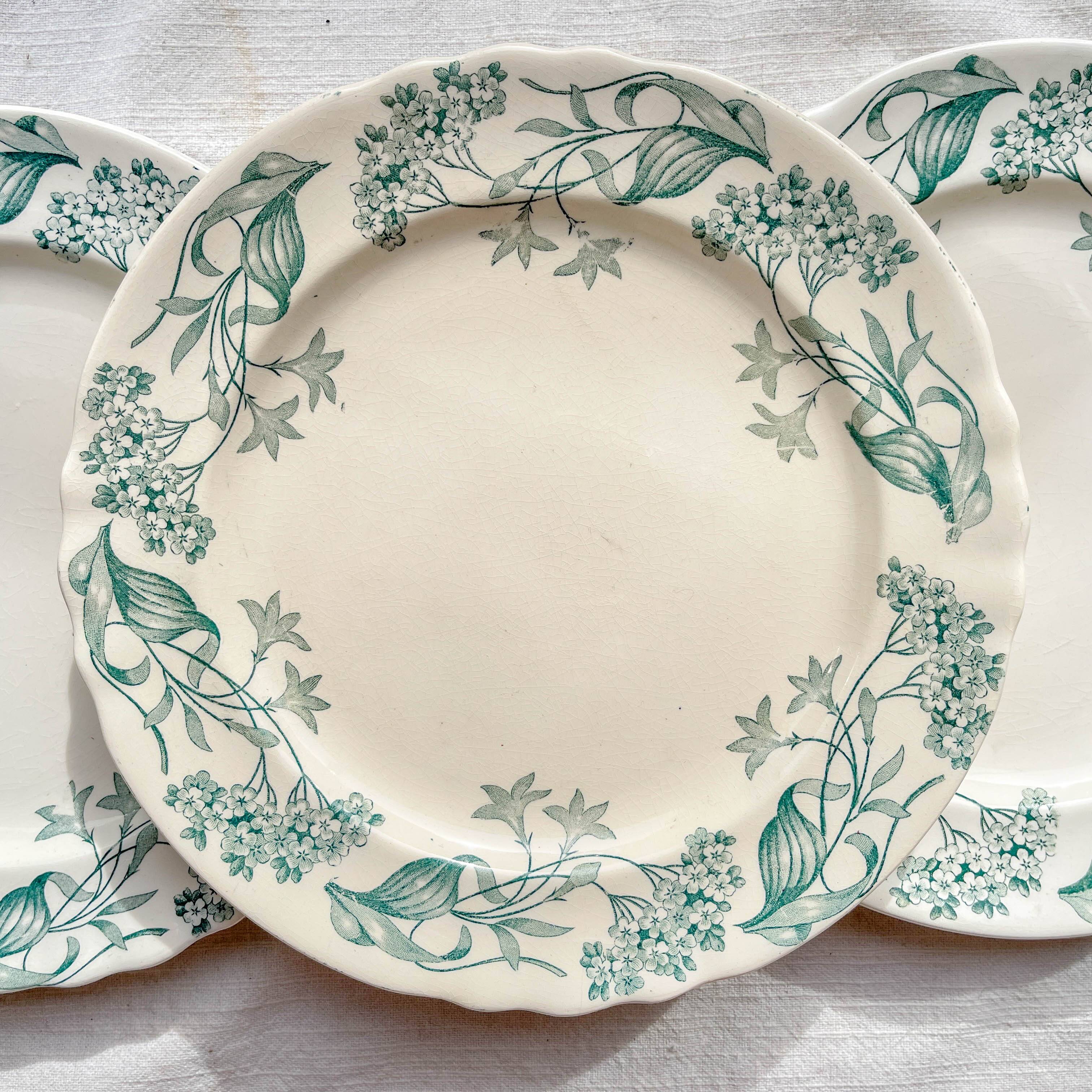 Set of 6 Antique Terre de Fer "Lilac" Longchamp Flat Plates, 19th Century