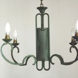 Green iron 4 light chandelier with scrolled arms