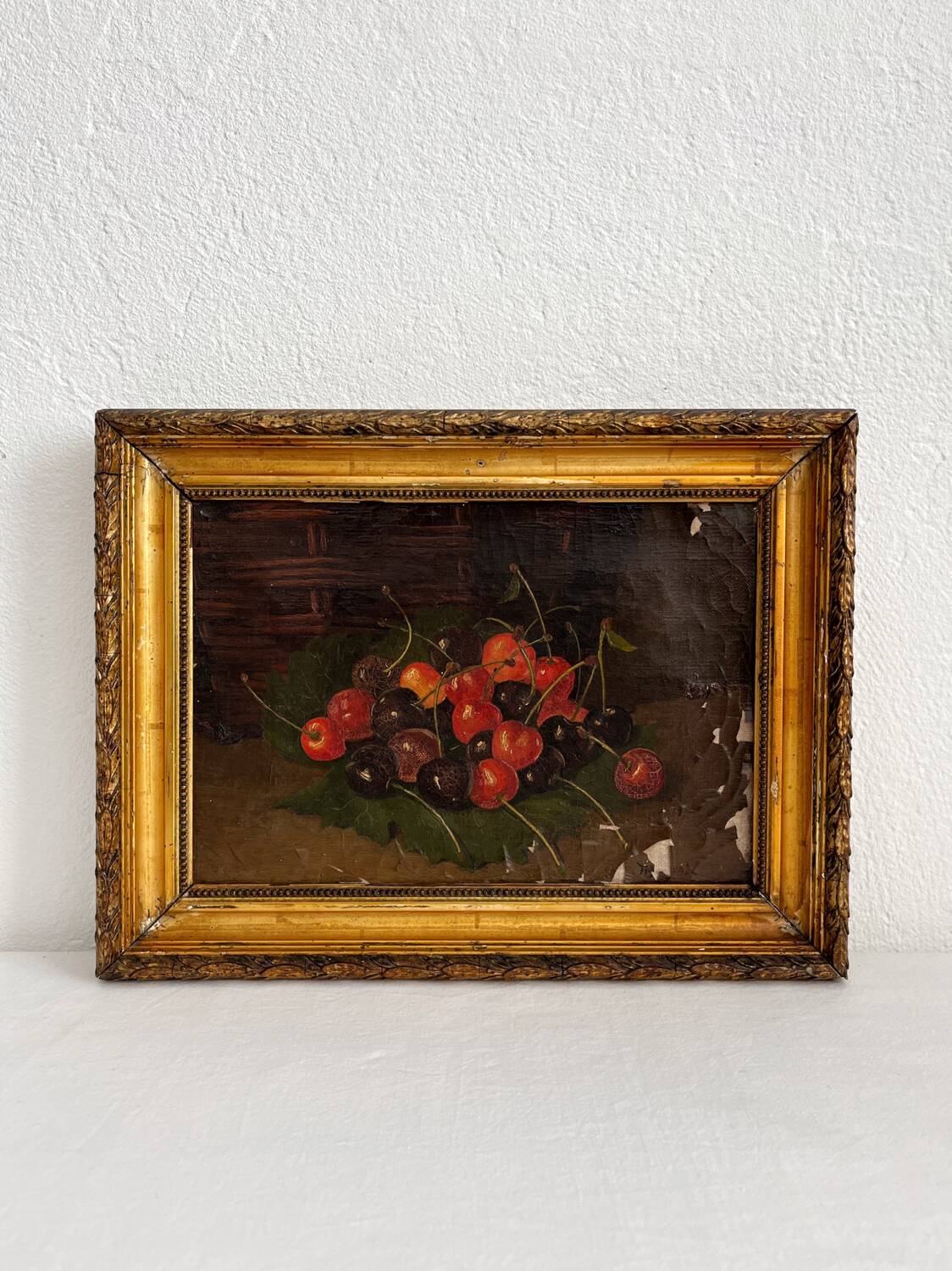 Huile sur toile nature morte aux cerises 19eme