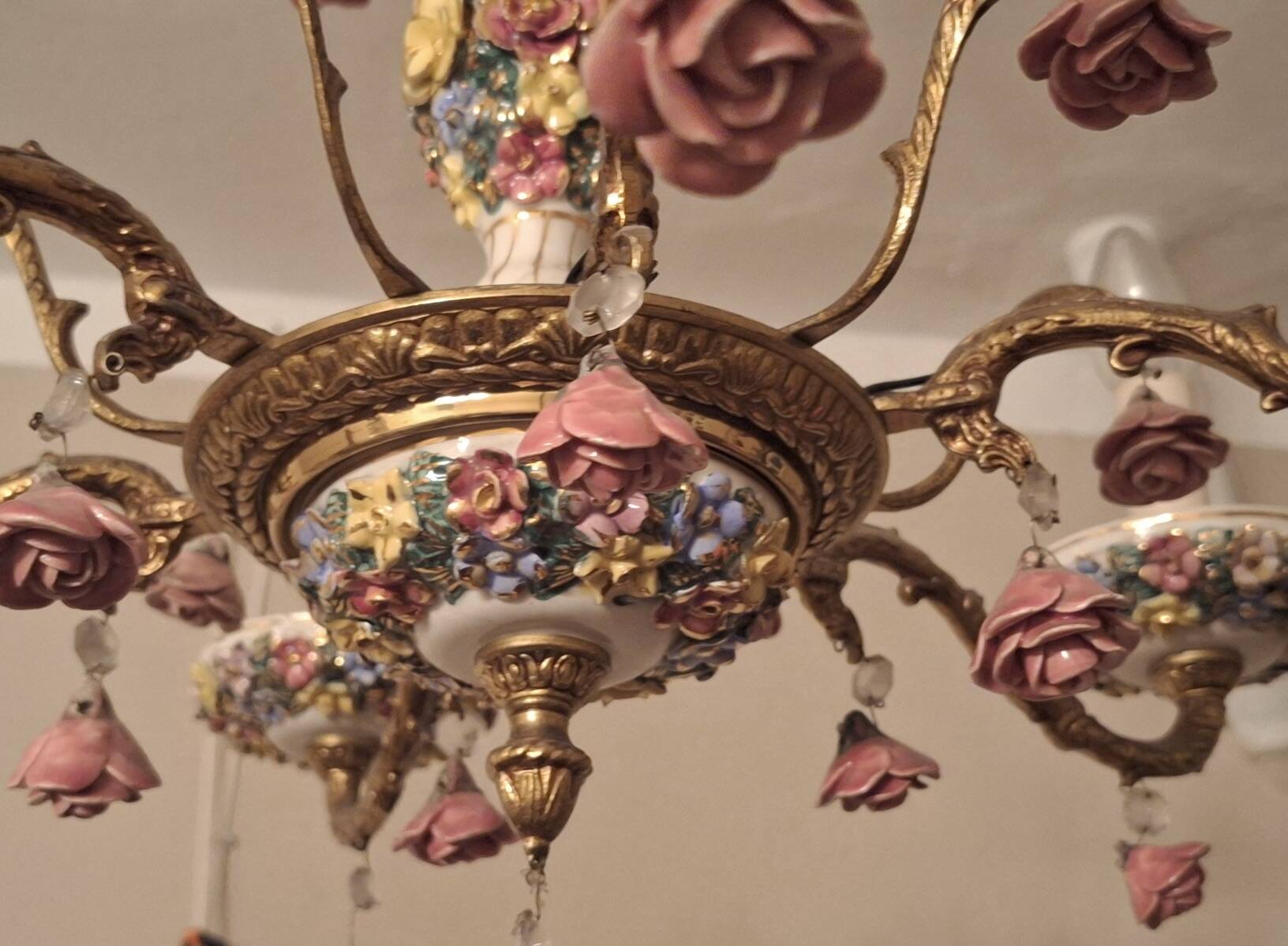 Lustre vintage Boho en laiton doré à 6 bras