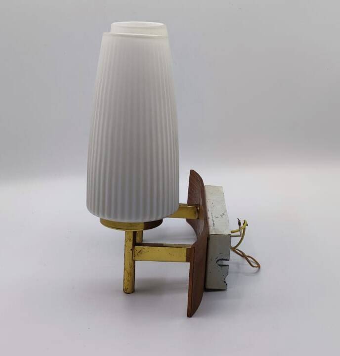 Duo of vintage wooden wall lights with white opaque glass lampshade.