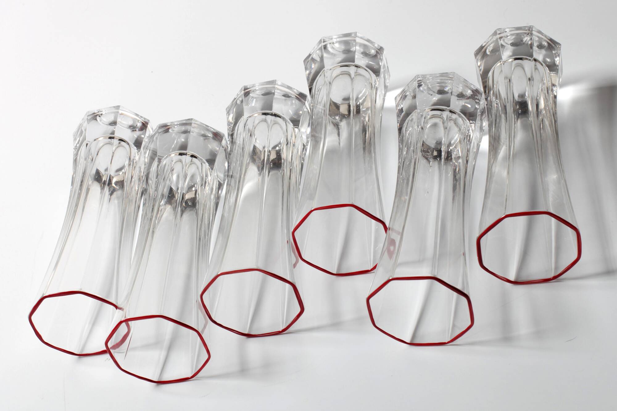 Set of 6 Mid-century Clear Crystal Glasses with Red Rim / Italy / 1980s