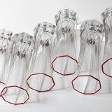 Set of 6 Mid-century Clear Crystal Glasses with Red Rim / Italy / 1980s