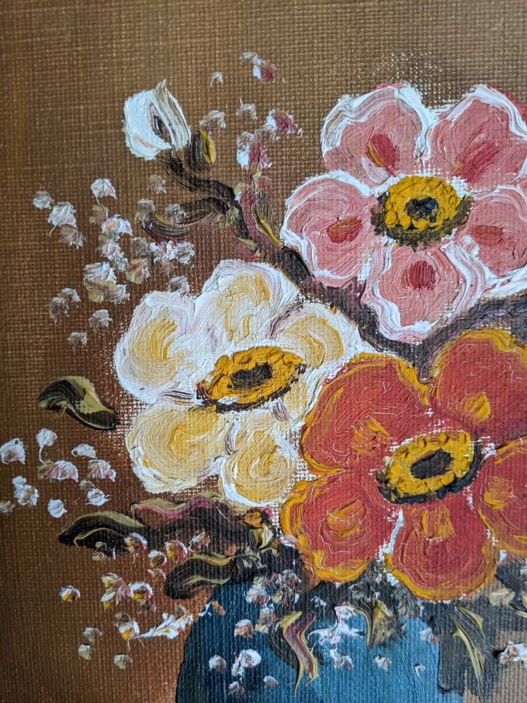 Old acrylic painting on canvas bouquet of bohemian countryside flowers