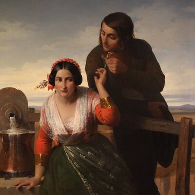 Great painting signed FB and dated 1853, the lovers