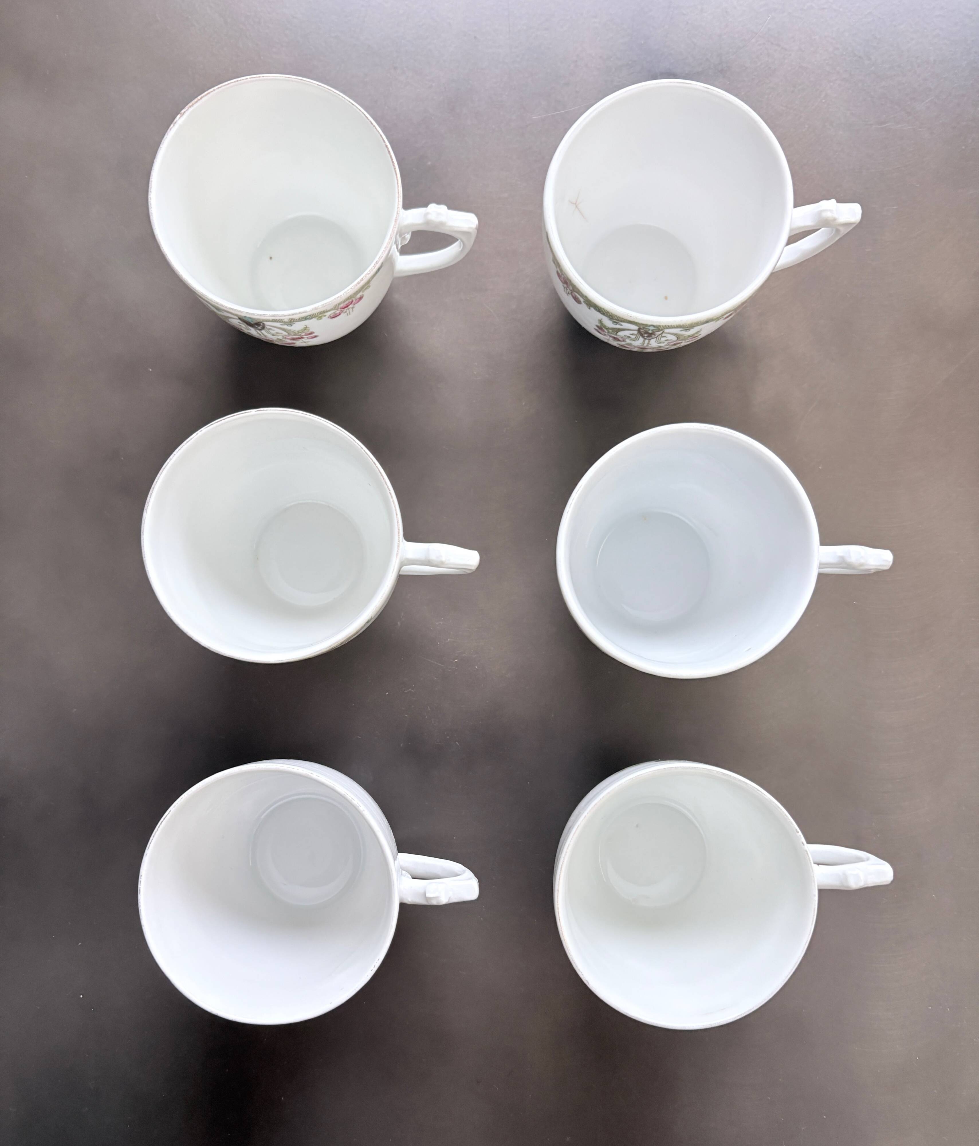 Service of 6 Fine Porcelain Cups with Art Nouveau Rose Decoration