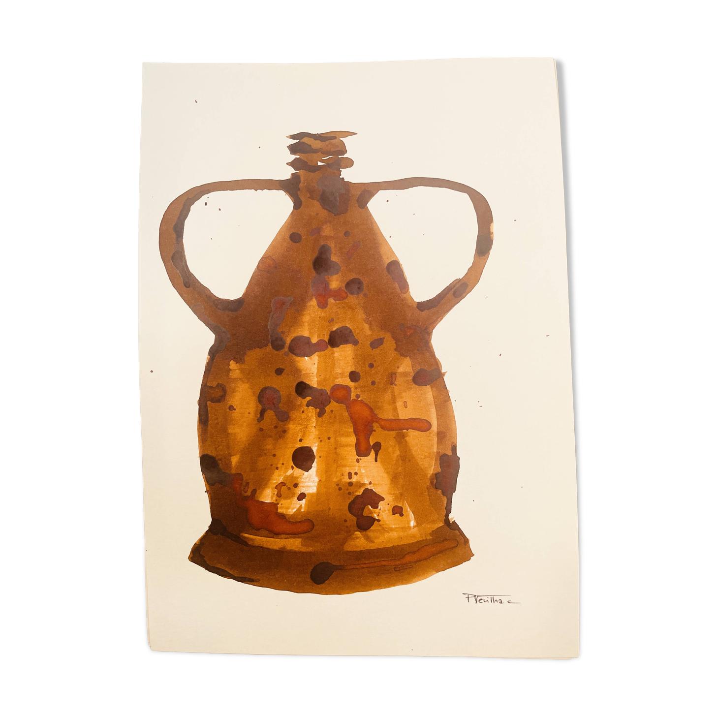 Signed watercolor and ink painting Vase Wabi Sabi Marrakech