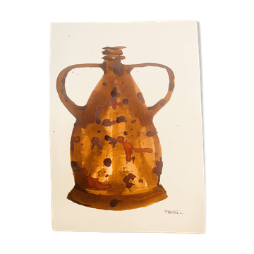 Signed watercolor and ink painting Vase Wabi Sabi Marrakech