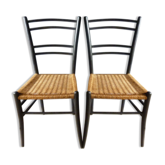 Paire de chaises en bois noir et cordes, années 60
