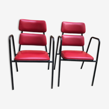 Pair of armchairs in red skai 1950 vintage design 50s 70