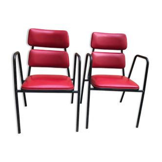 Pair of armchairs in red skai 1950 vintage design 50s 70