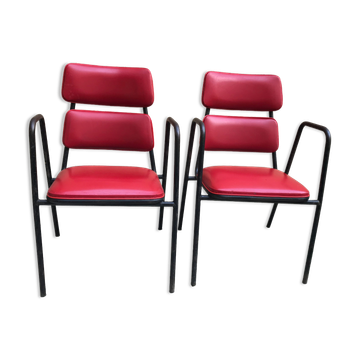 Pair of armchairs in red skai 1950 vintage design 50s 70