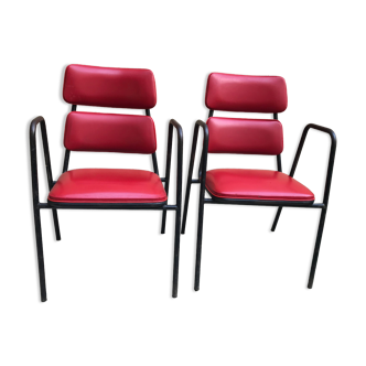 Paire de fauteuils en skai rouge 1950 vintage design années 50 70
