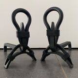 Paire de chenets de cheminée en fer forgé noir français, 1960