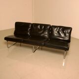 Unique Dutch bench in black leather with a steel and wenge structure from the 60s.