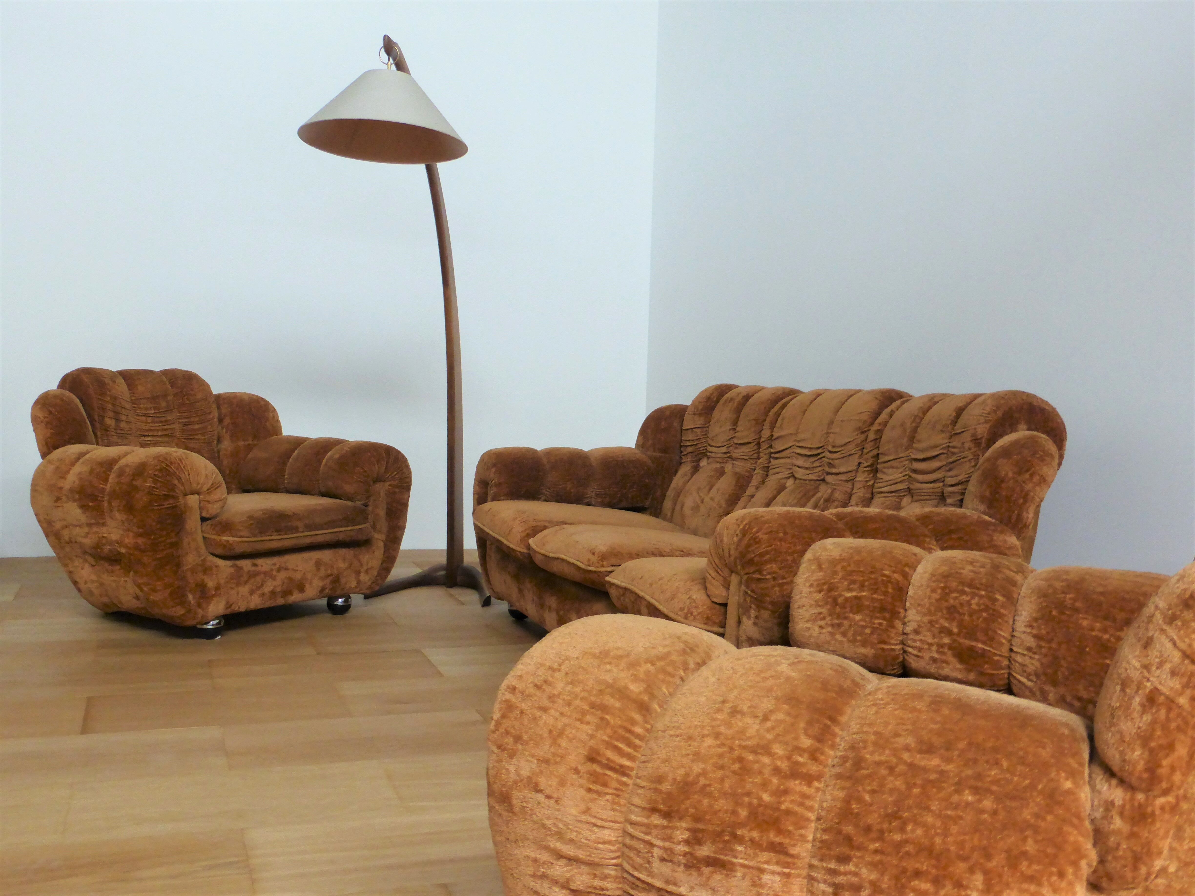 Velvet armchairs and sofa, 1970s, set of 3
