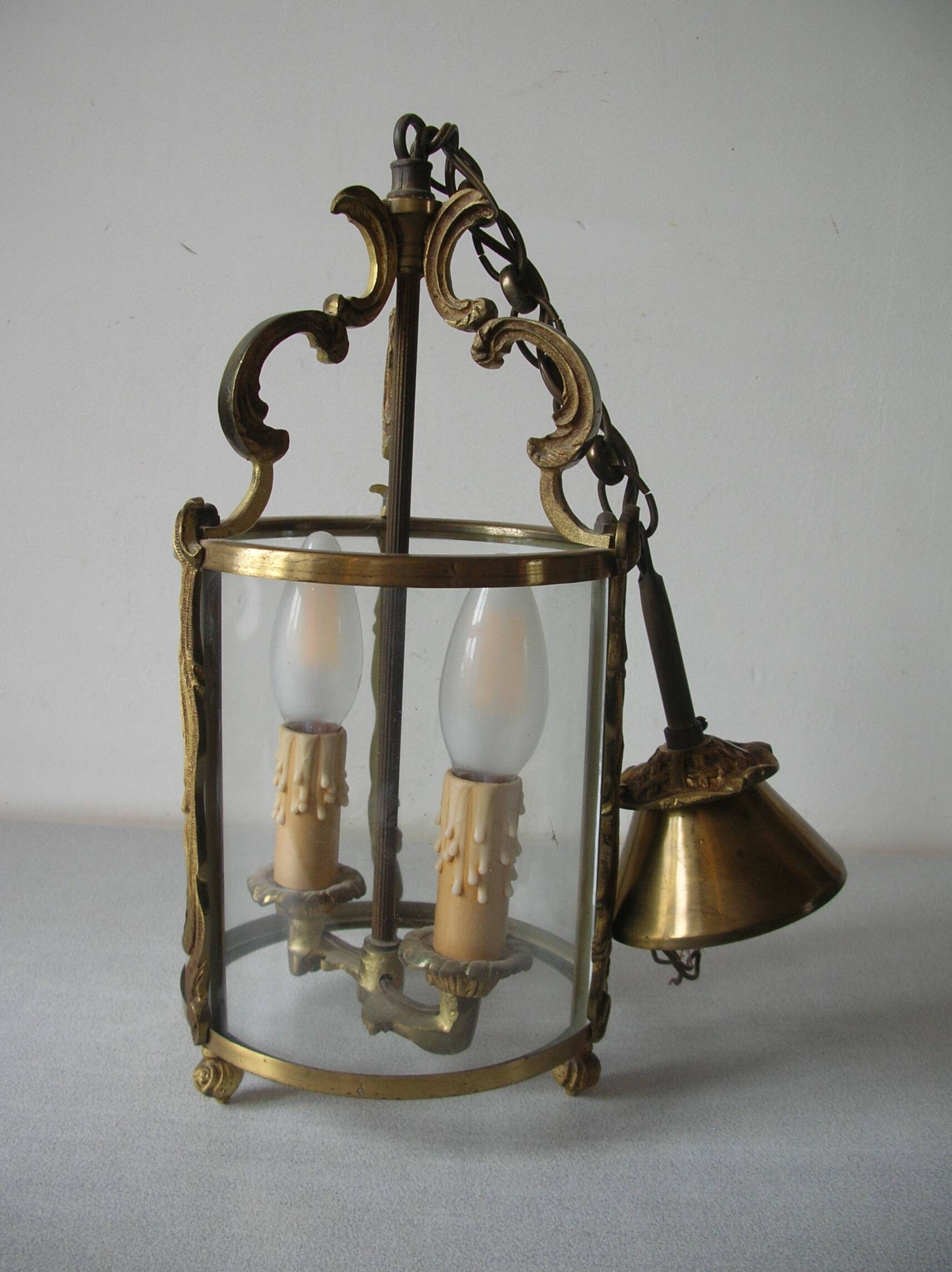 Old pendant lantern light fixture 2 lights in bronze glass decoration hall entrance