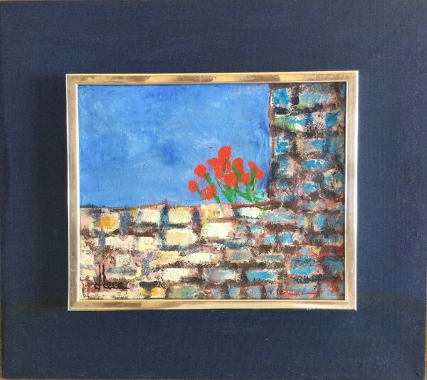 Huile sur toile ''Coquelicots sur le mur'' de Dominique LECA (1938)