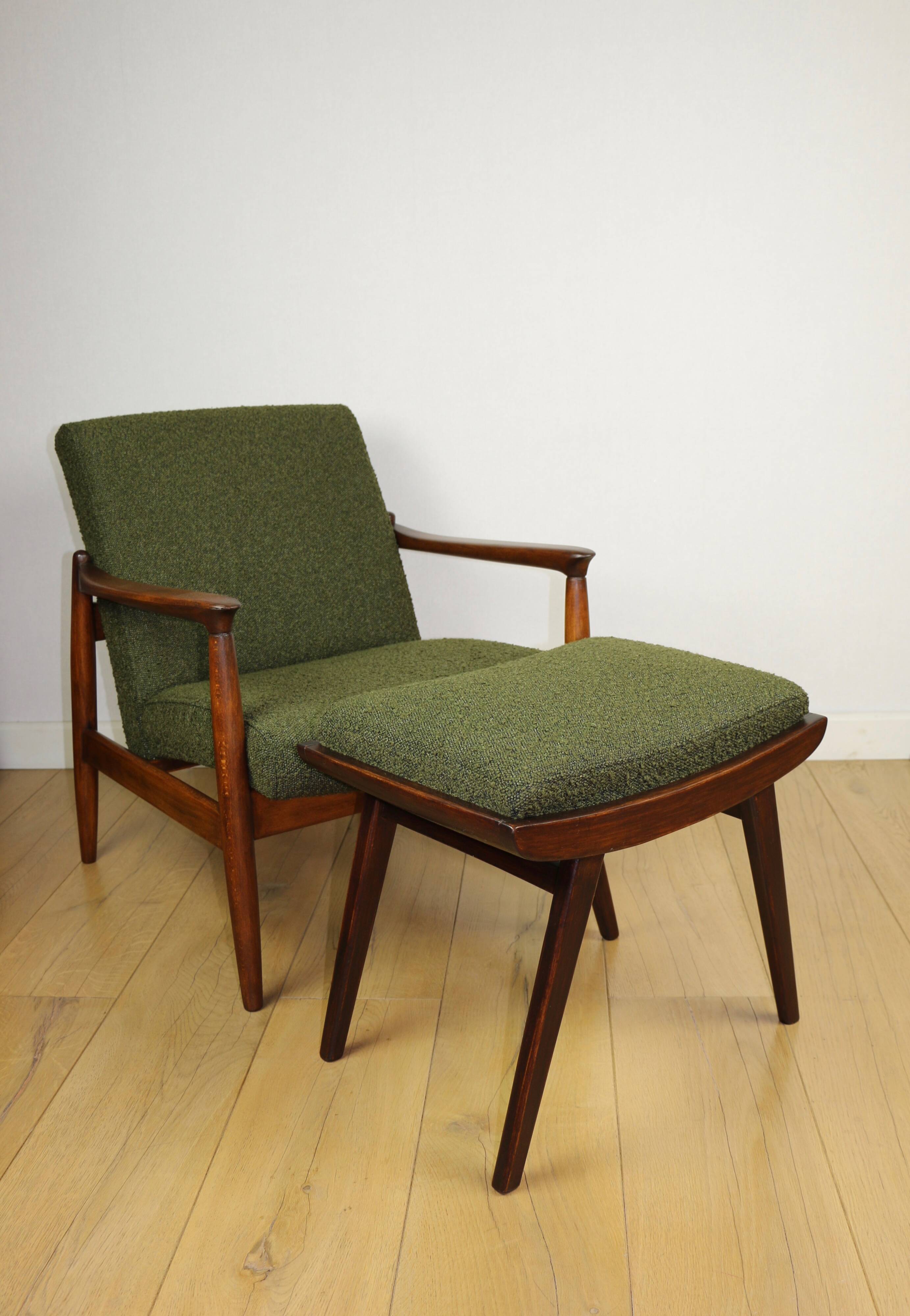 GFM-64 armchair, design by Edmund Homa from the 60s, olive green boucle - 2 pieces available