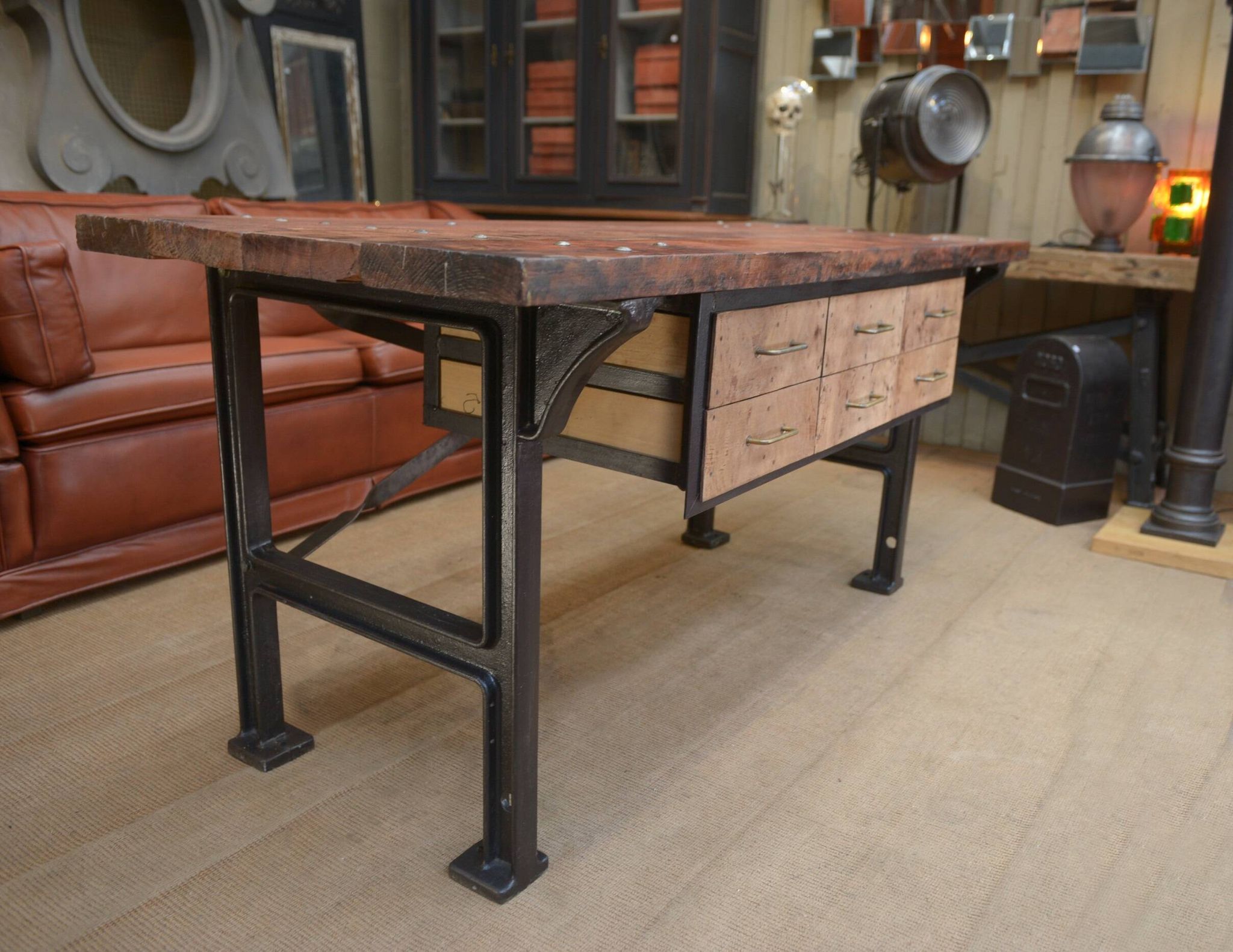 factory workbench in cast iron and wood 1930 with 9 drawers