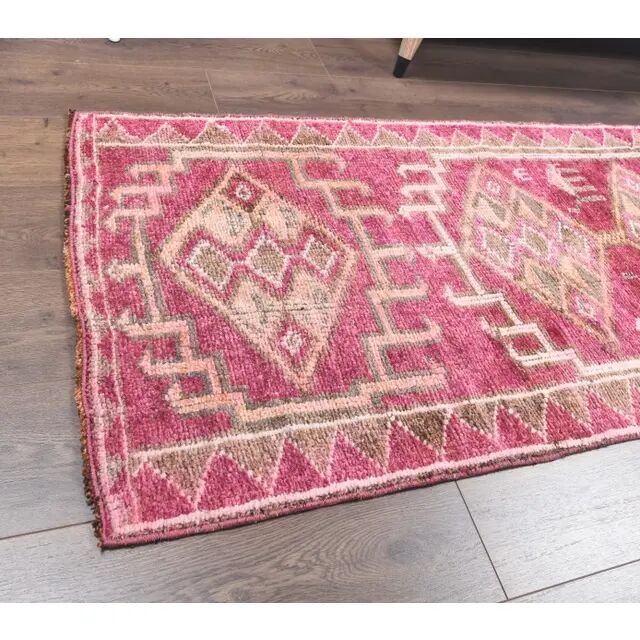 Vintage Pink Geometric Turkish Hand-Knotted Runner 80x361