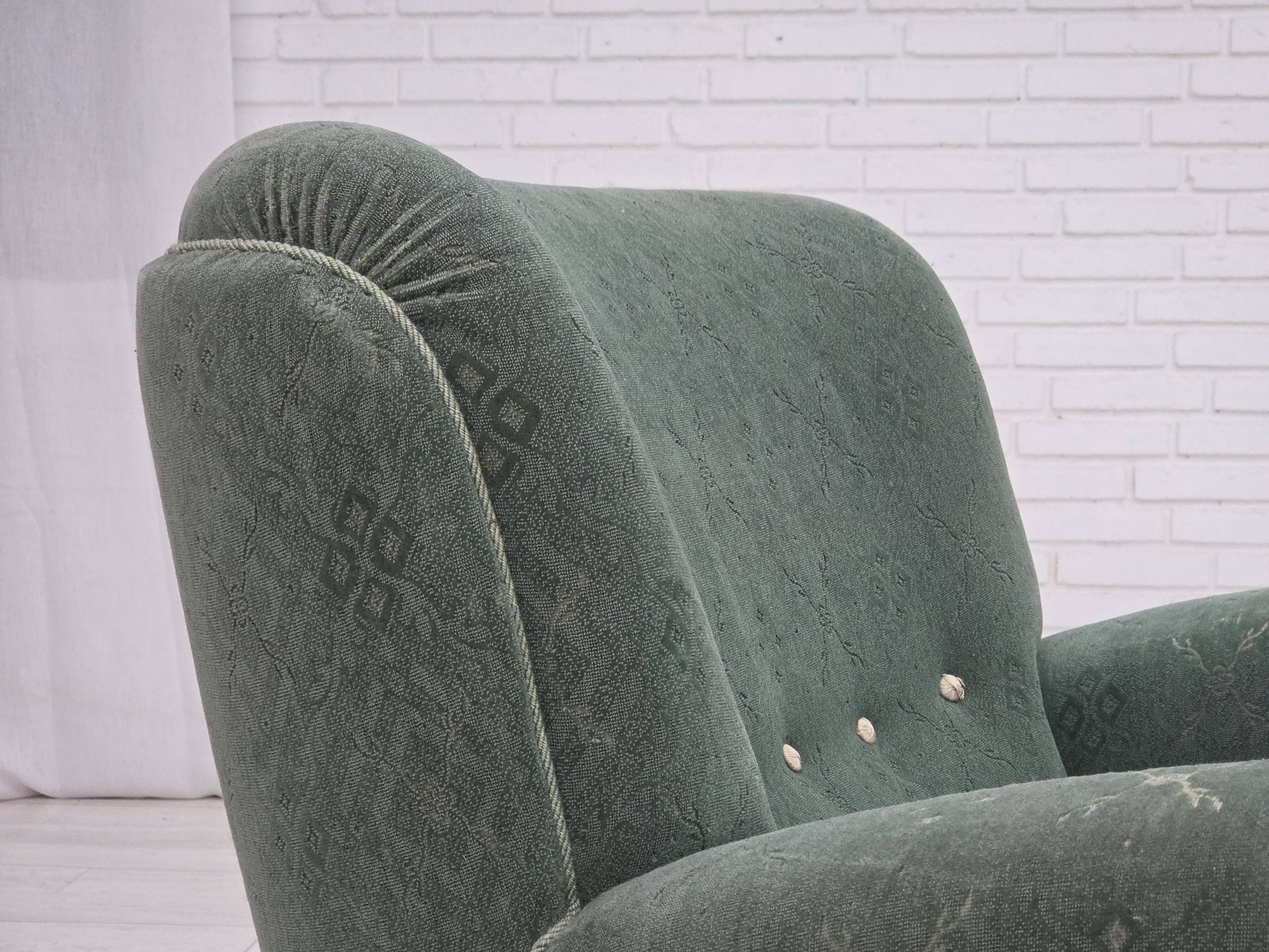 1960s, Danish armchair, light green furniture wool, oak wood legs.