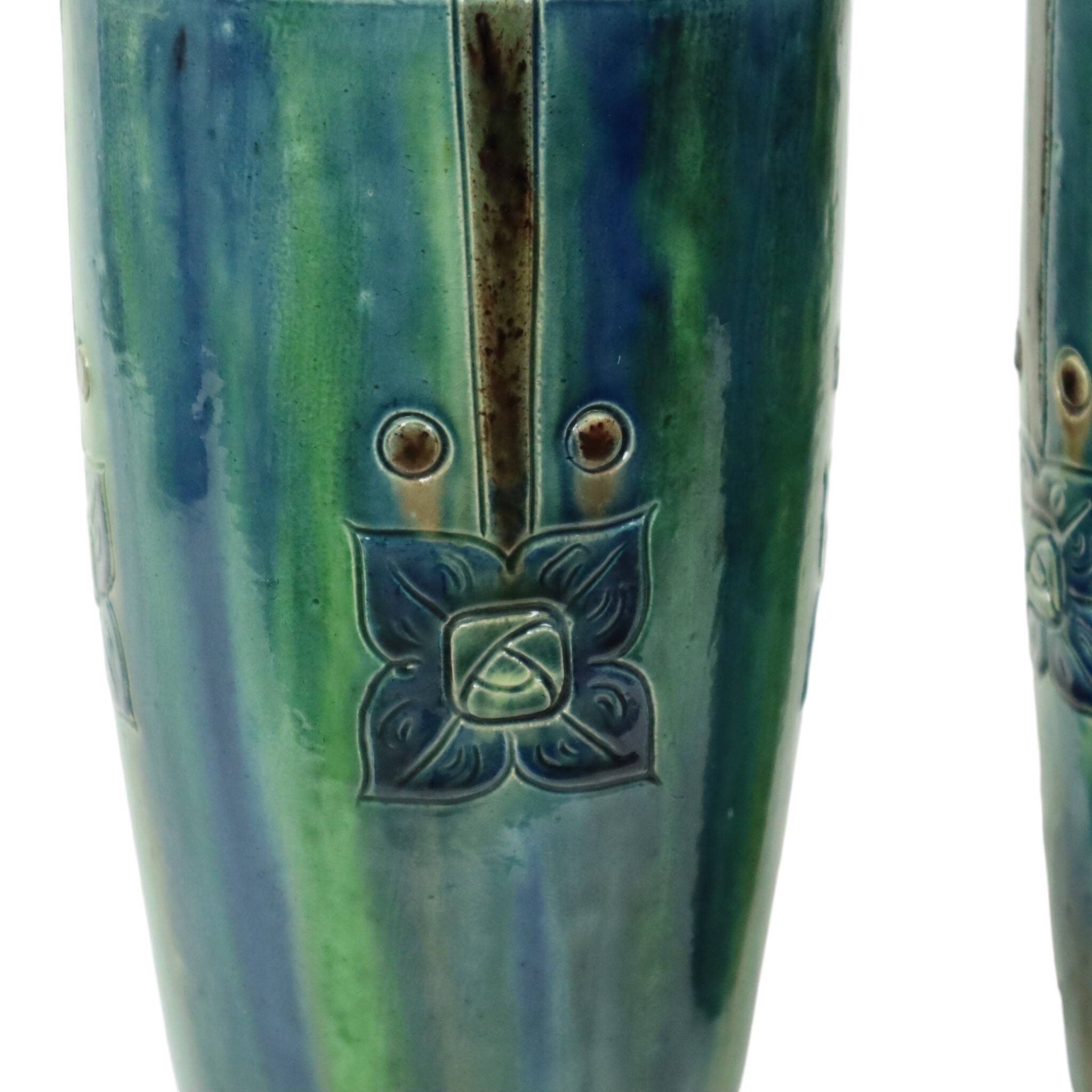Pair of Blue Art Nouveau Vases Flemish Pottery Antiques
