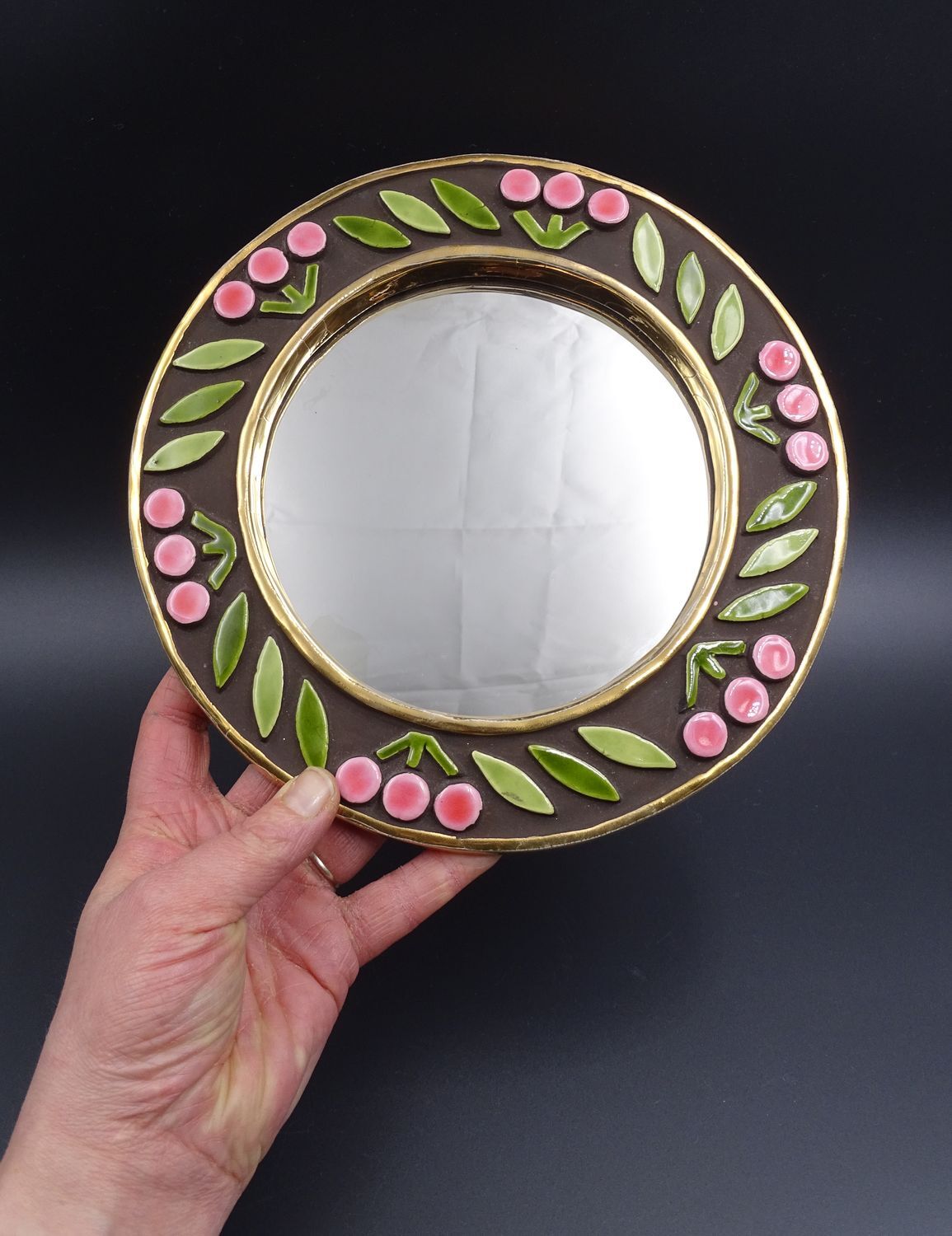 Small round mirror in earthenware- Cherry enamelled decoration - circa 1970