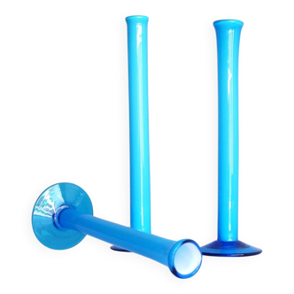 Vintage tall handblown orchid vases in azure blue by Artur Percy for Gullaskruf, 1970s, set of 3
