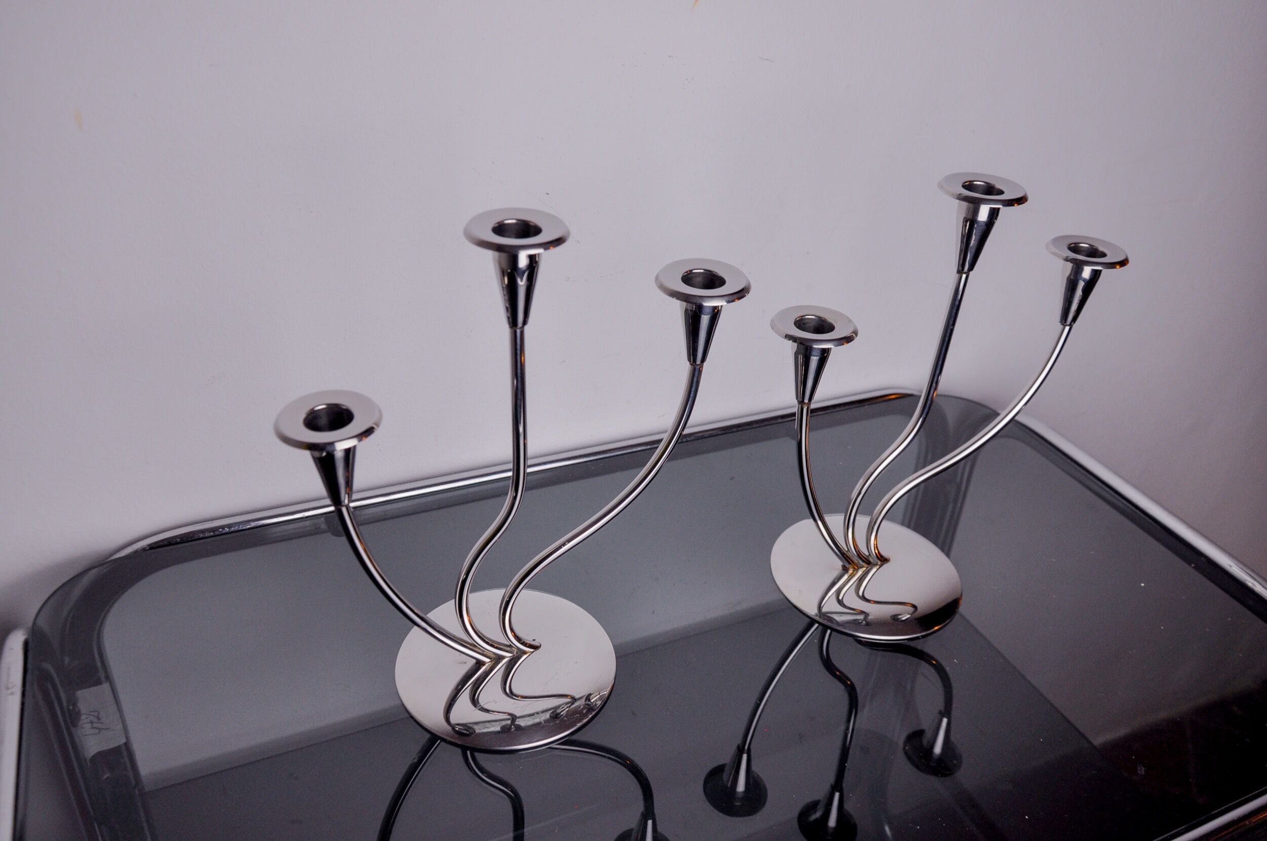 Pair of art deco candlesticks in stainless steel 3 flames, Spain, 1970