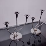Pair of art deco candlesticks in stainless steel 3 flames, Spain, 1970