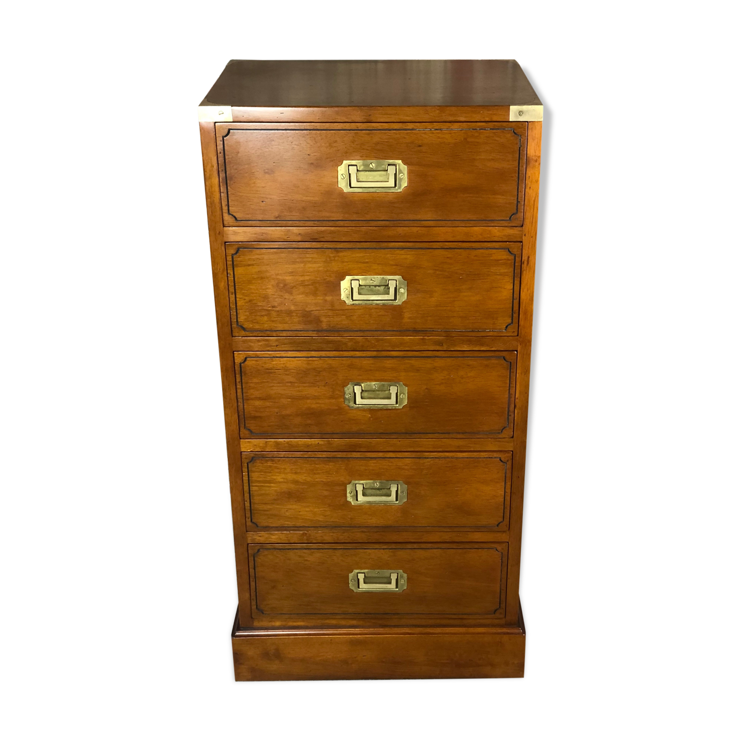 Chiffonnier / storage cabinet 5 drawers in rubber tree tint walnut and brass