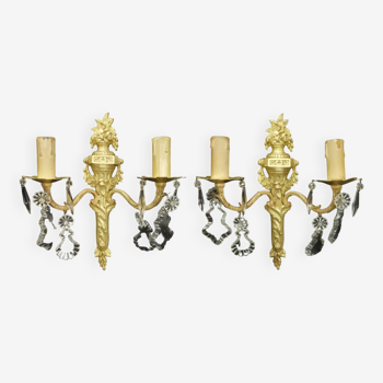 Pair of sconces with Louis XVI style tassels early 1900 - bronze & glass
