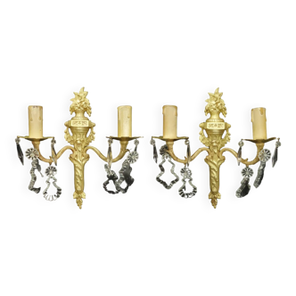 Pair of sconces with Louis XVI style tassels early 1900 - bronze & glass