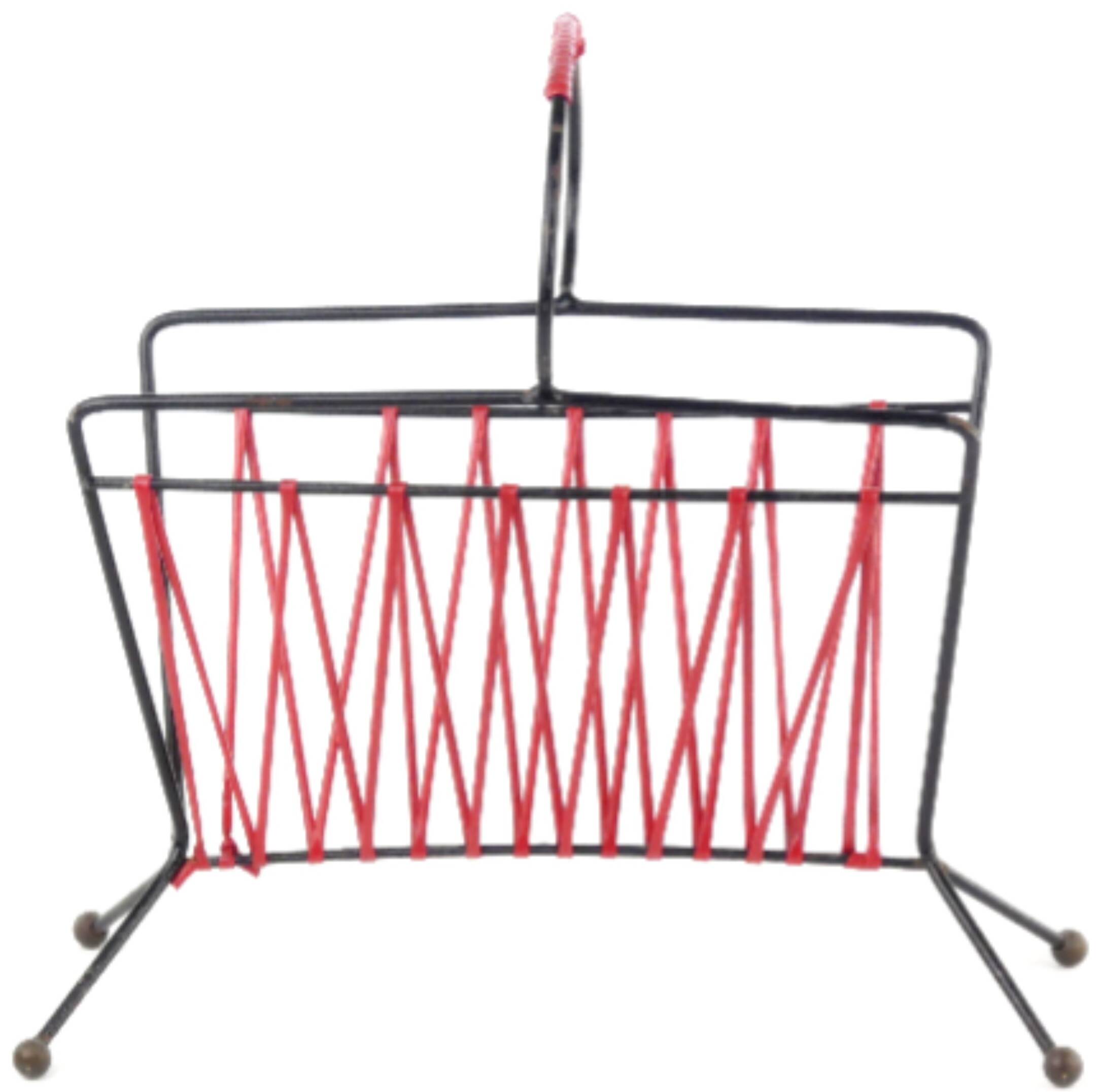 Set of 2 Vintage 1960s Magazine Racks in Wrought Iron and Red Scoubidou