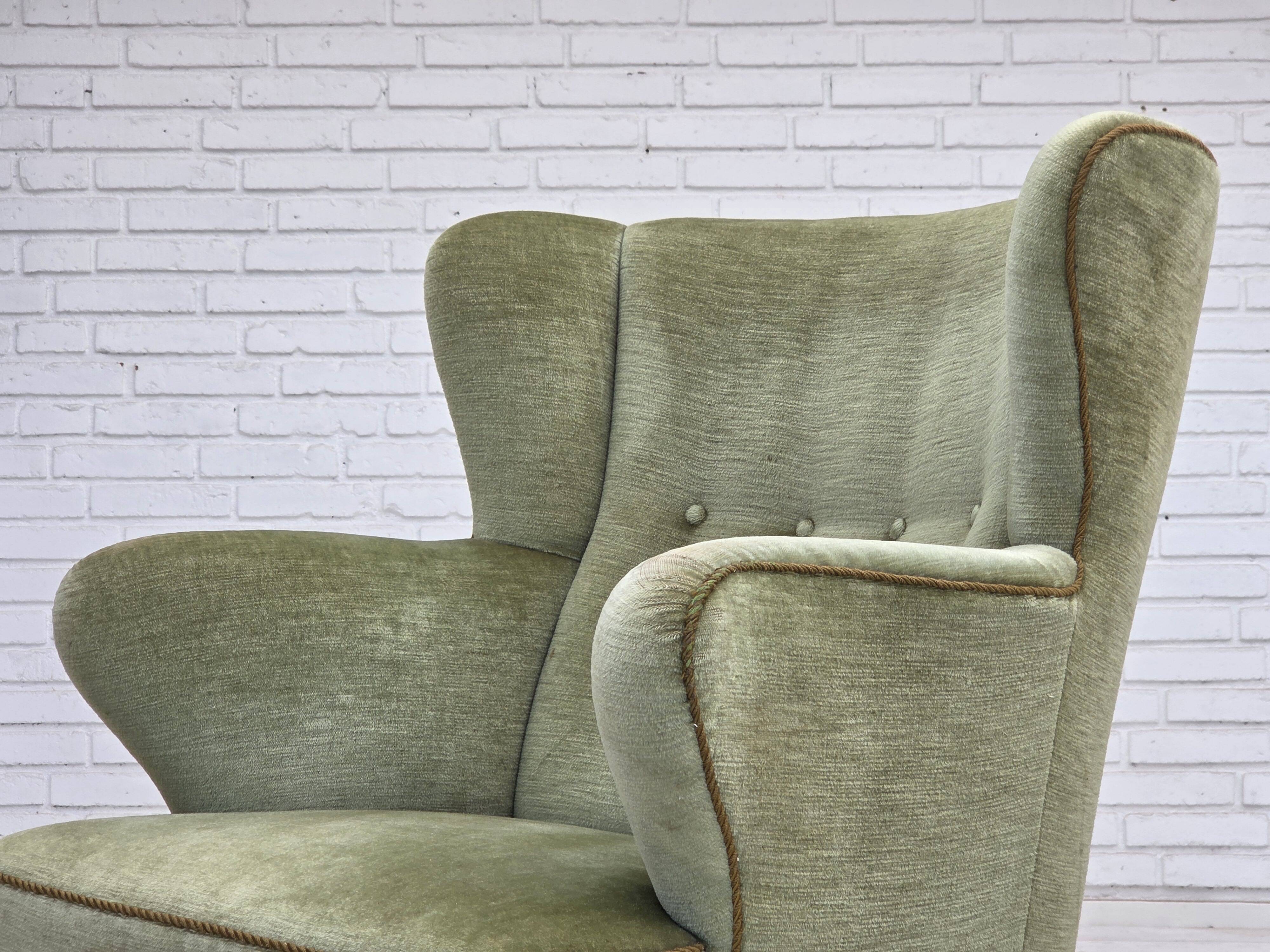 1960s, Scandinavian armchair, green furniture velour, oak wood legs.
