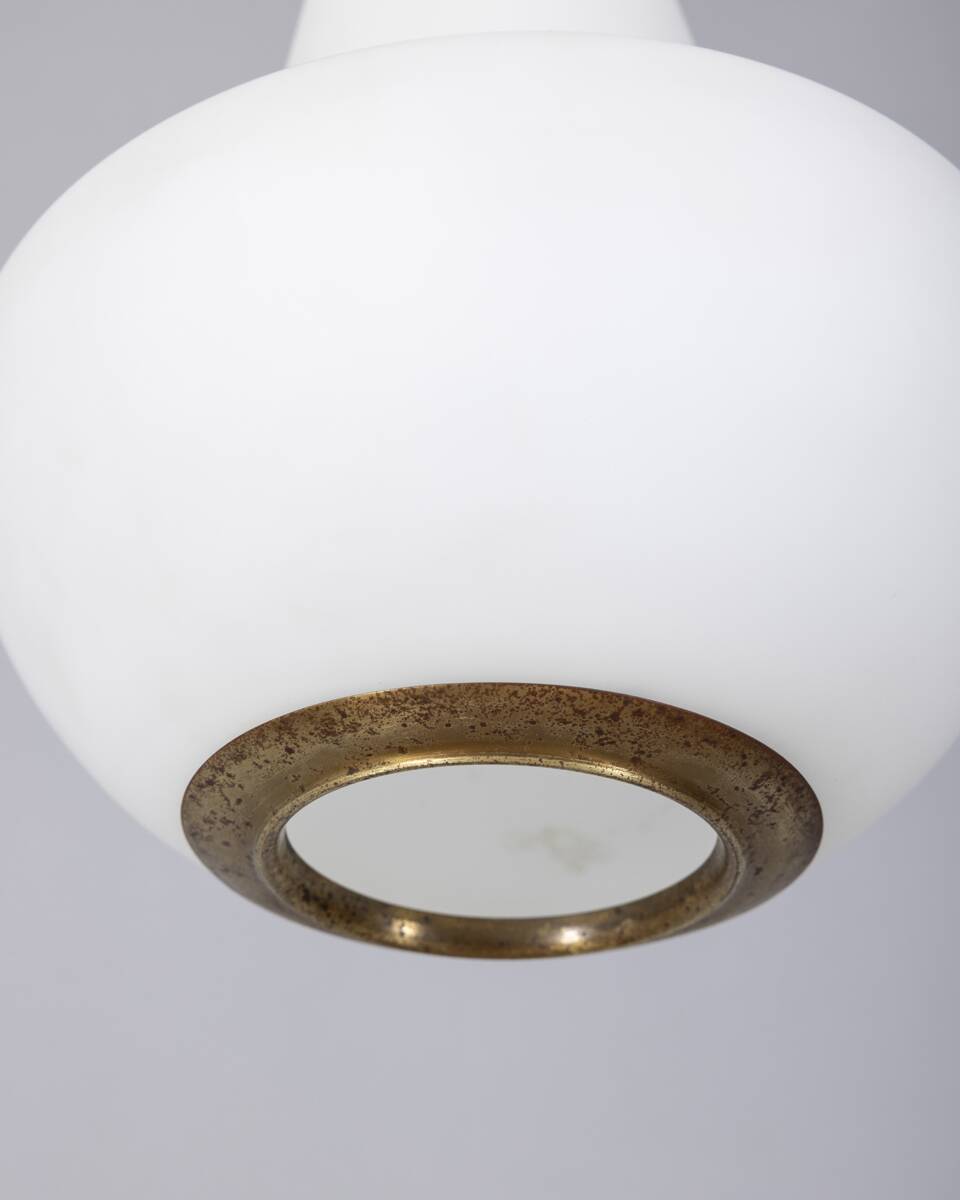 Vintage 1960s brass and opaline glass chandelier, designed by Stilnovo