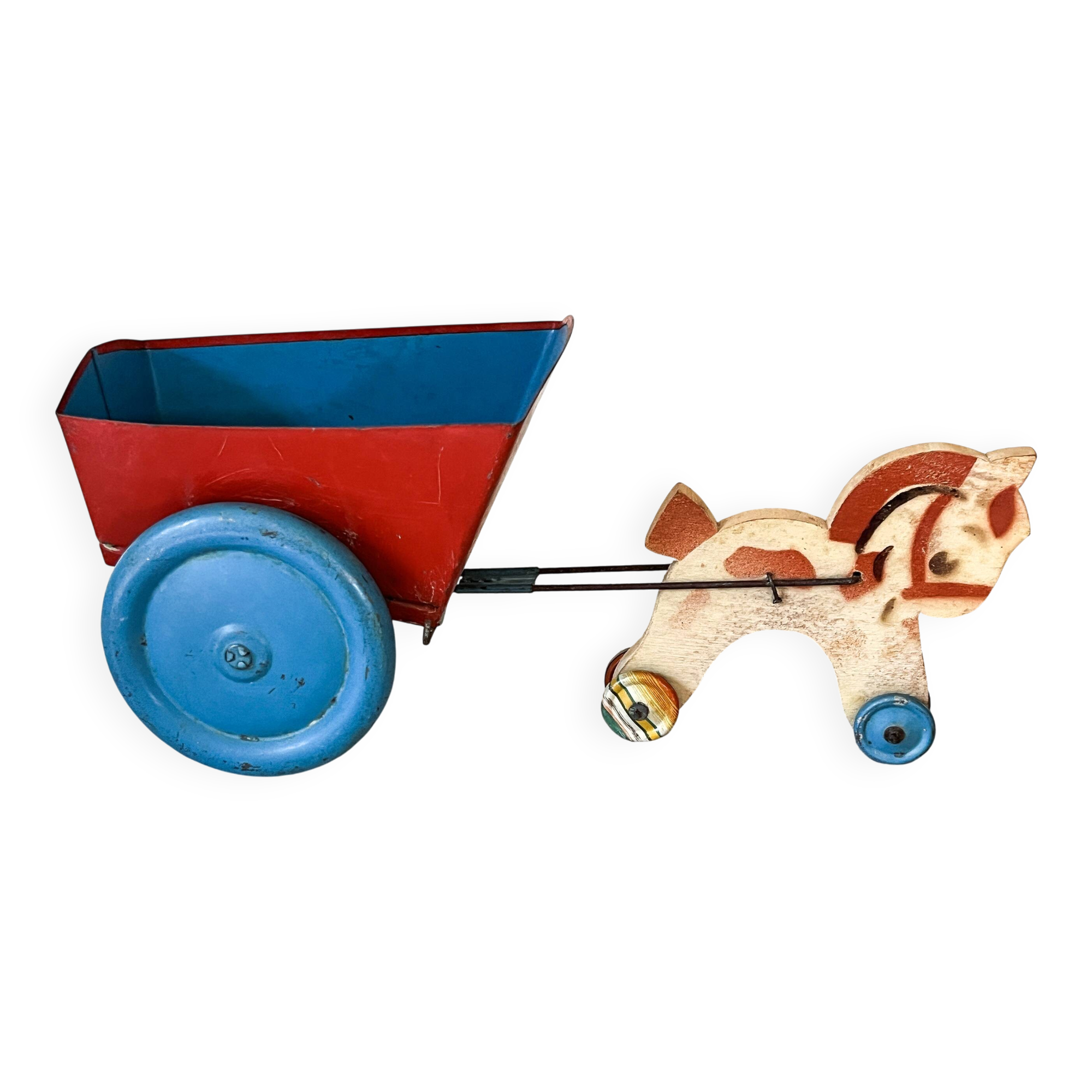 Horse cart and tin cart, old pull toy.