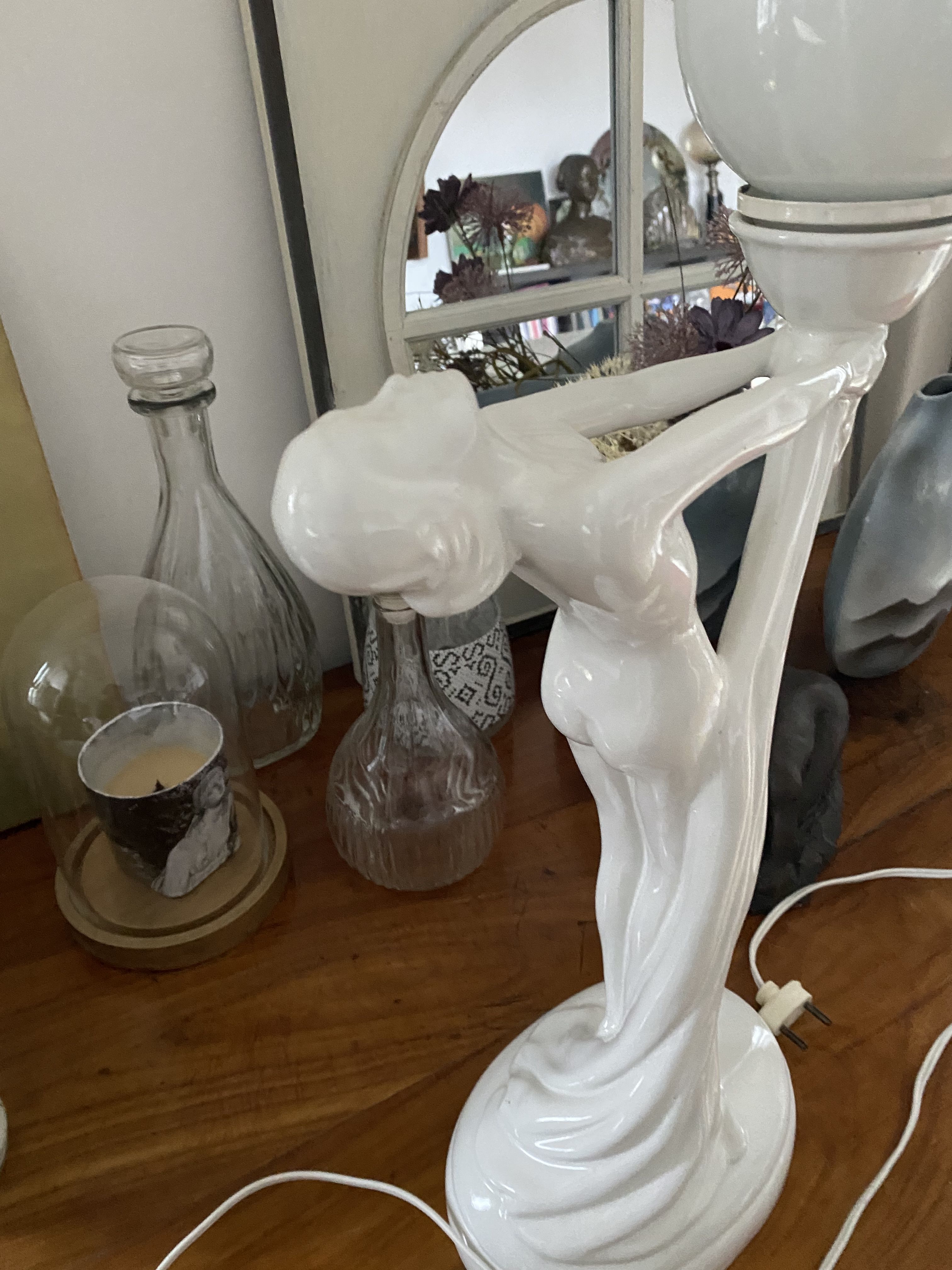 White ceramic lamp and opaline globe woman art deco art nouveau