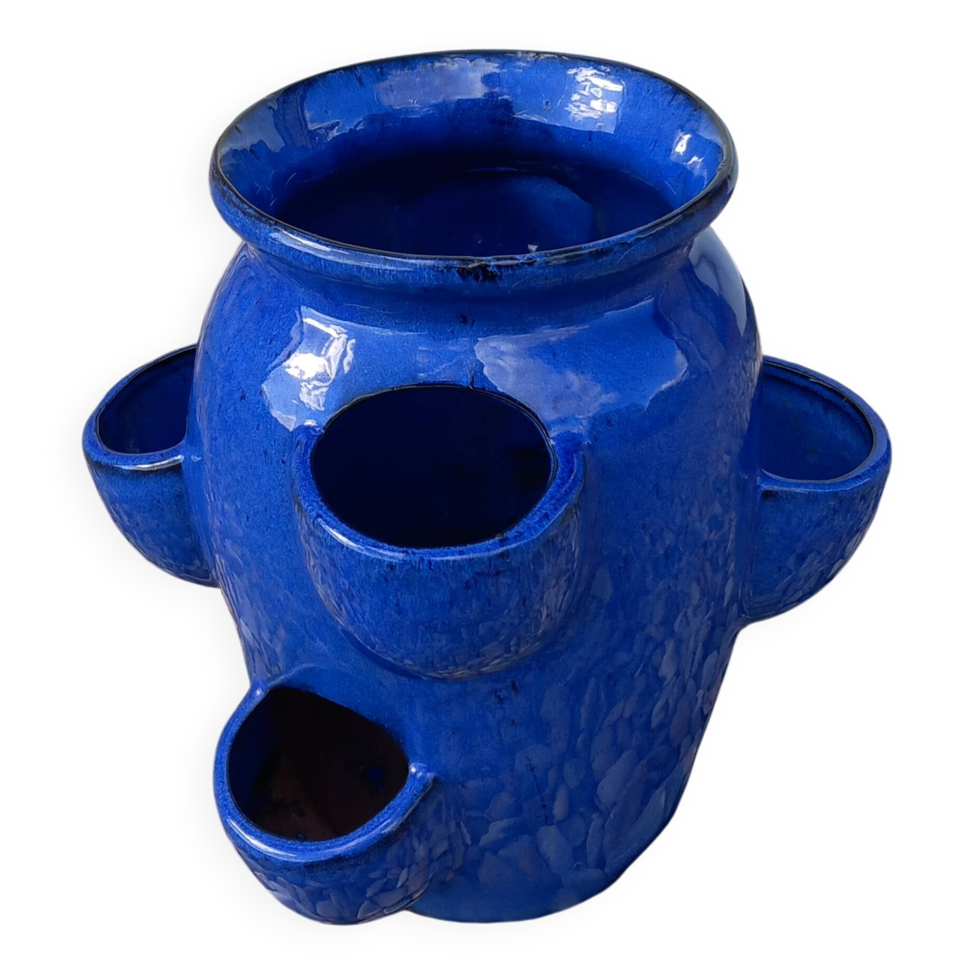 Blue glazed terracotta strawberry pot