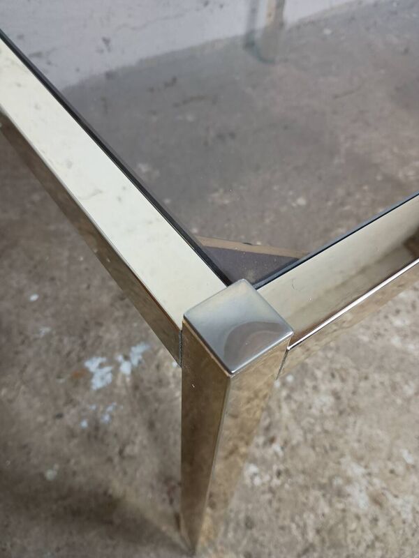 Table basse carrée chrome doré verre fumé années 70