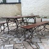 Garden lounge table and 2 cast iron and oak benches