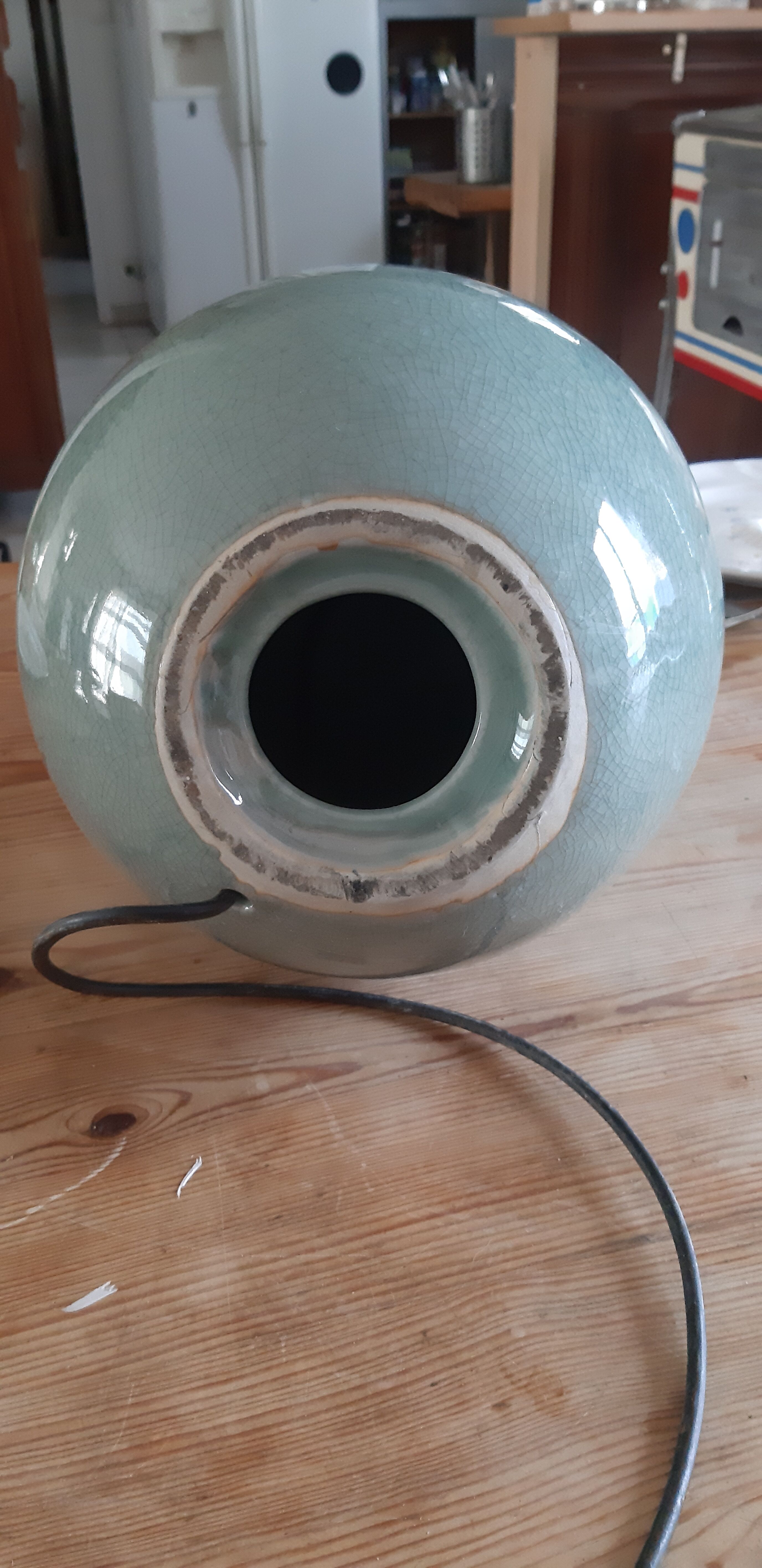 Celadon green cracked earthenware egg lamp foot
