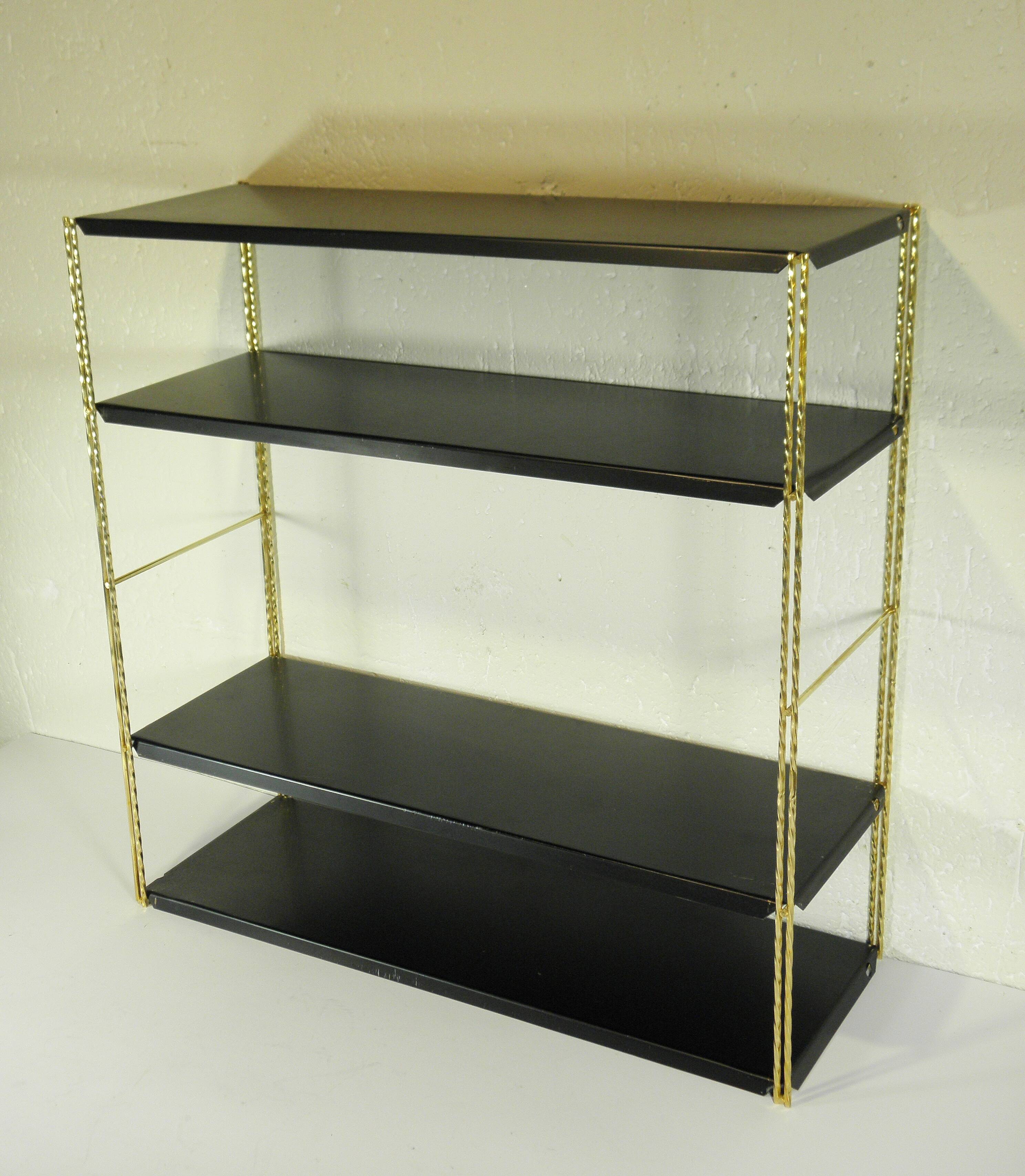 Etagère murale en métal noir et doré, années 60