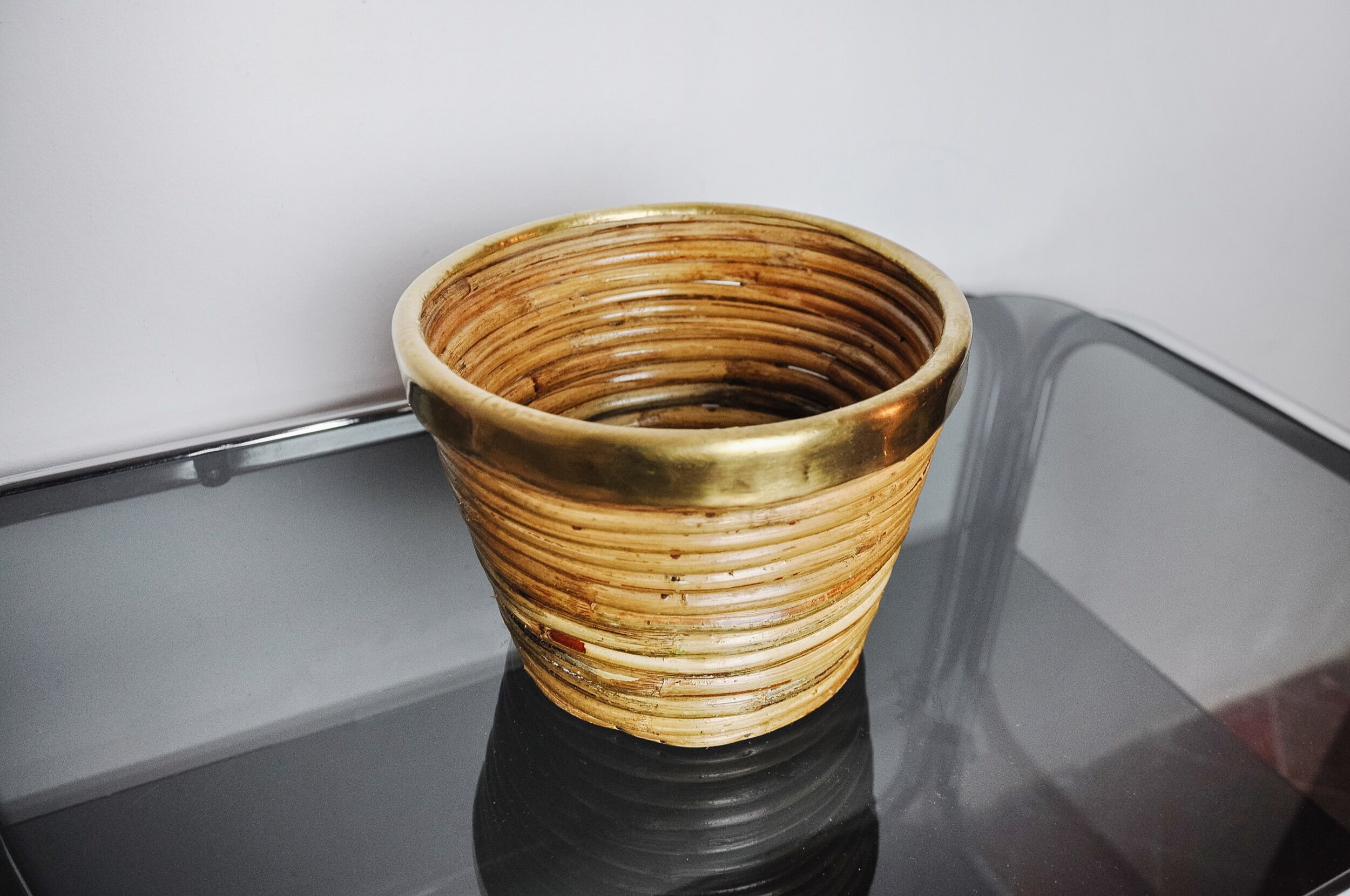Rattan and brass basket, Italy, 1970