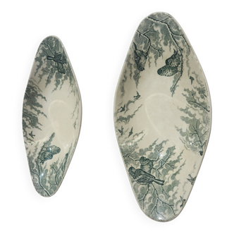 free vintage French Antique Set of 3 earthenware serving dish Sarreguemine Snow Model Birds