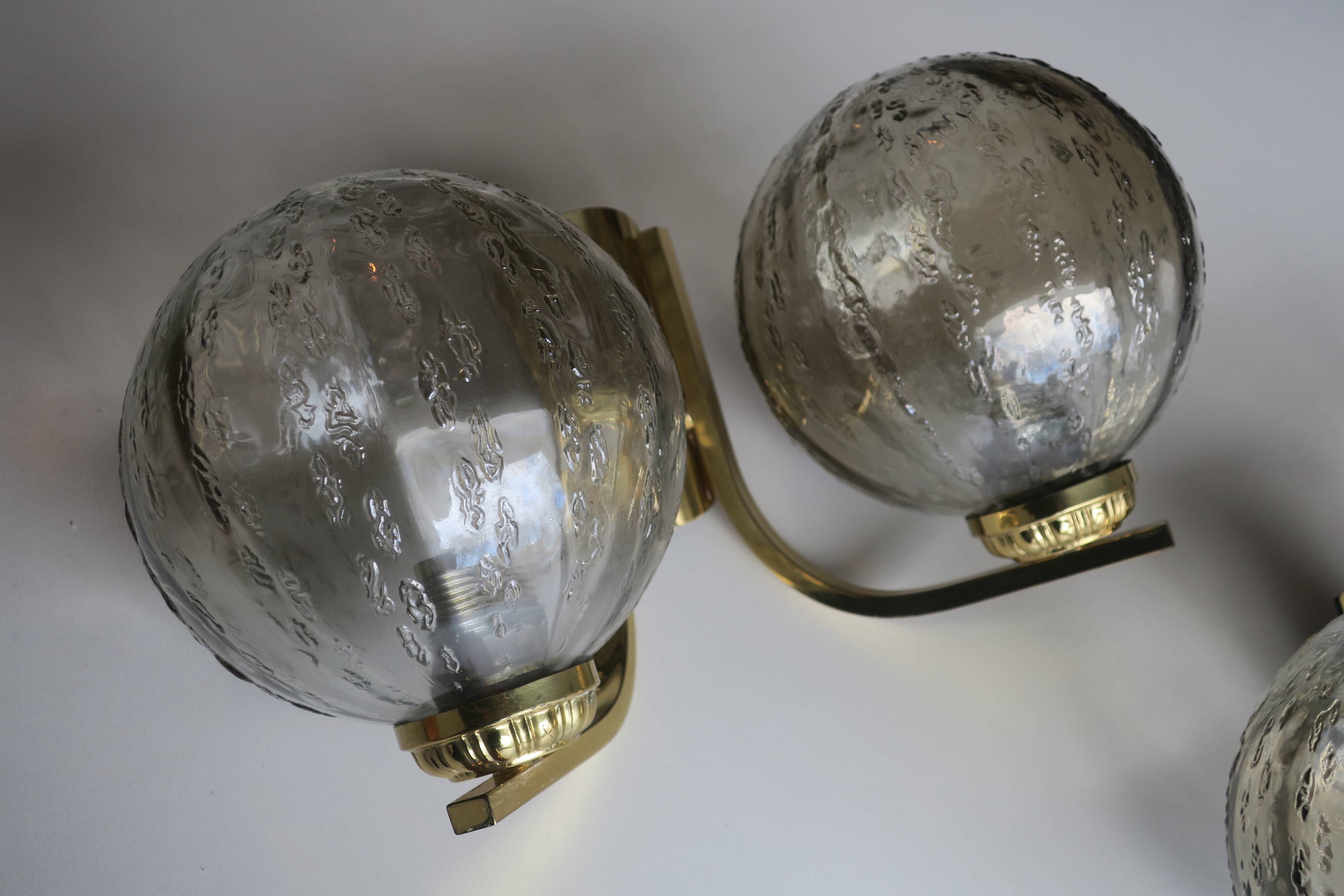 Vintage pair of brass and glass double wall lights, 1970s